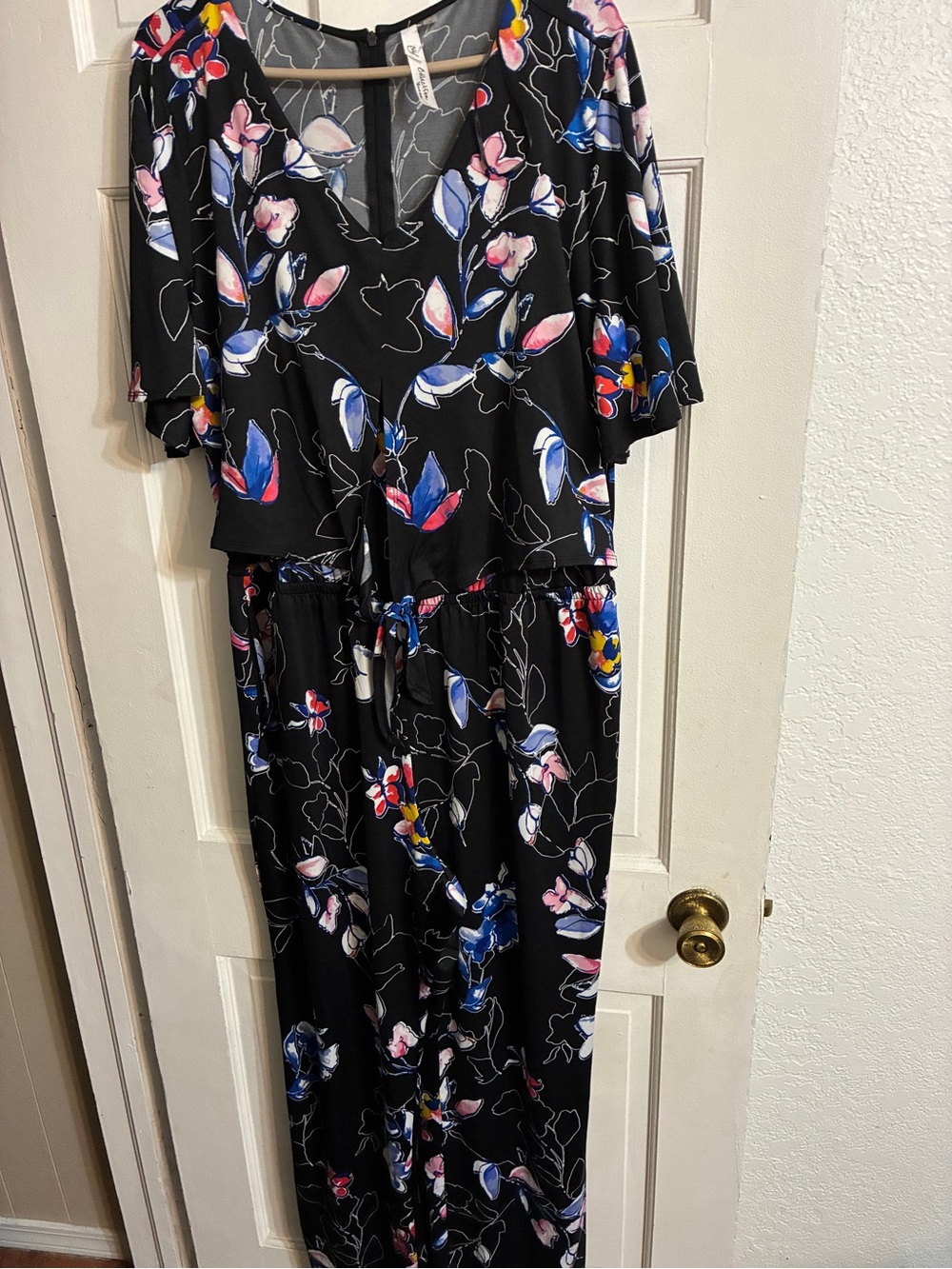 NY Collection Black Floral Tie-Waist Jumpsuit with Multicolor Blossoms